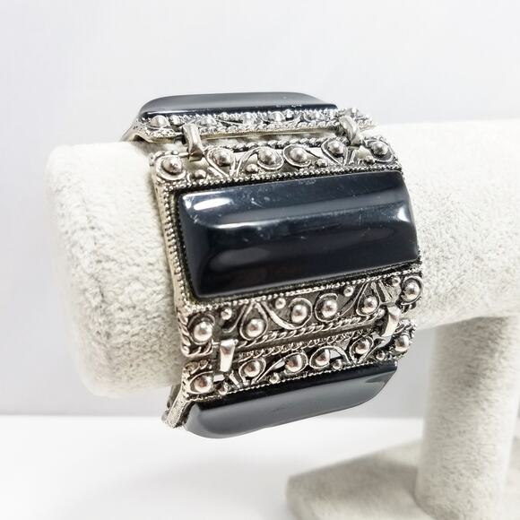 Vintage Selro Style Bracelet, Raised Lucite Black Panels, Chunky Wide - Picture 2 of 10